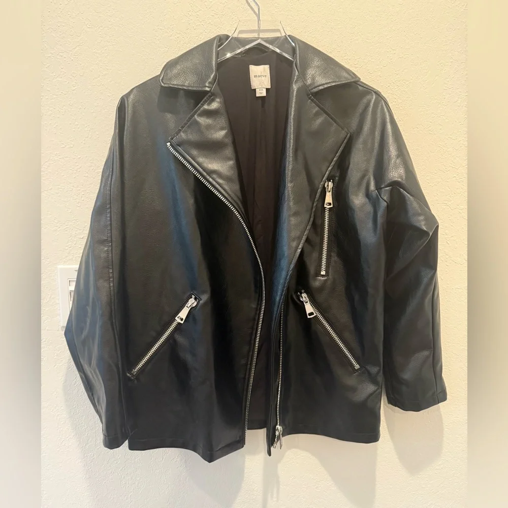 ANTHROPOLOGIE MAEVE Faux Leather Long Jacket‎ in Black Oversized XXS
